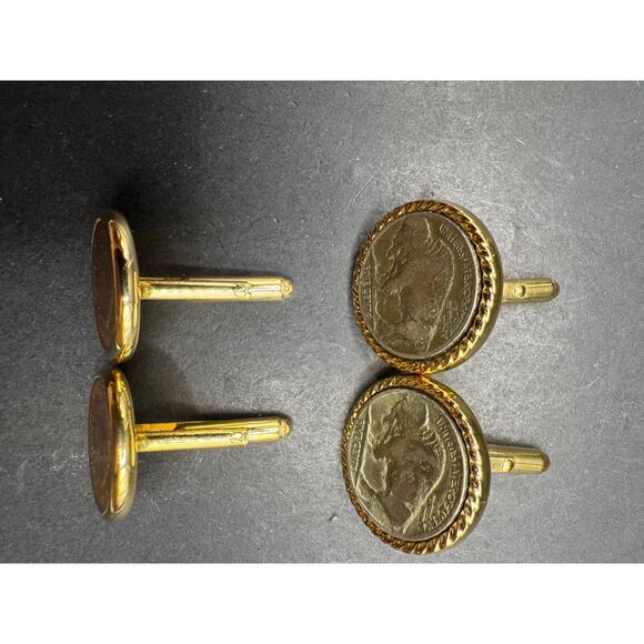 Vtg Buffalo Nickel Gold Rope Bezel Coin 1906 & 1907 Indian Head Penny Cuff Links - Picture 6 of 10